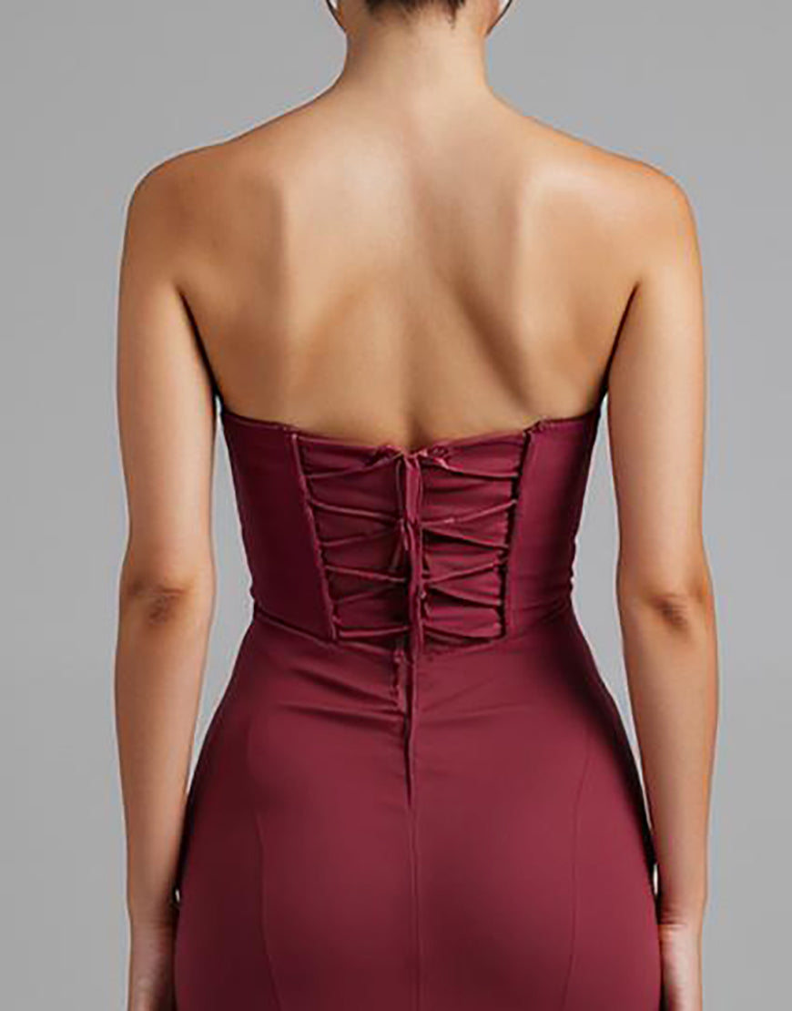 Robe de soirée sans bretelles en mousseline de soie rouge foncé Sirène High-Low