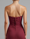 Robe de soirée sans bretelles en mousseline de soie rouge foncé Sirène High-Low