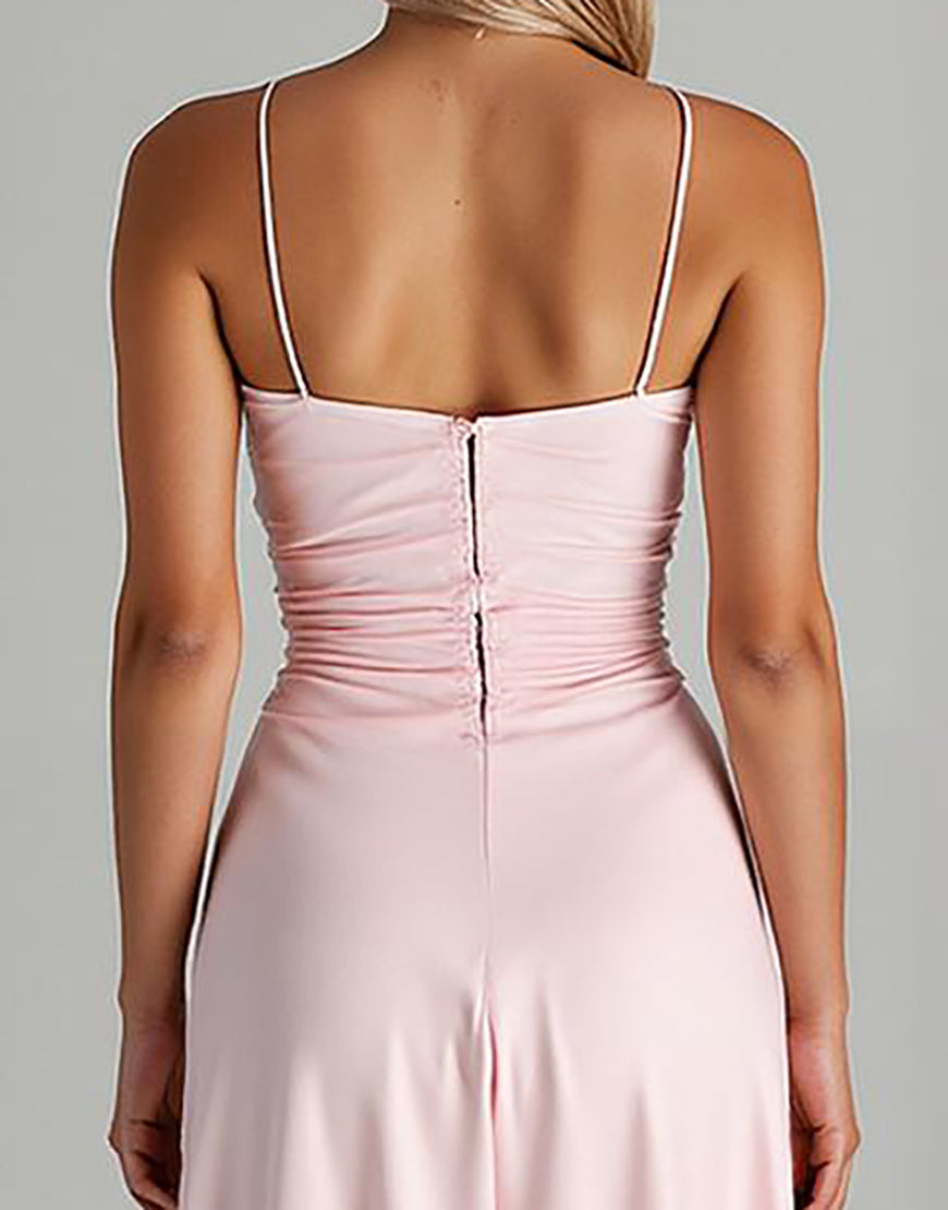 Robe de soirée en mousseline de soie rose clair à volants High-Low