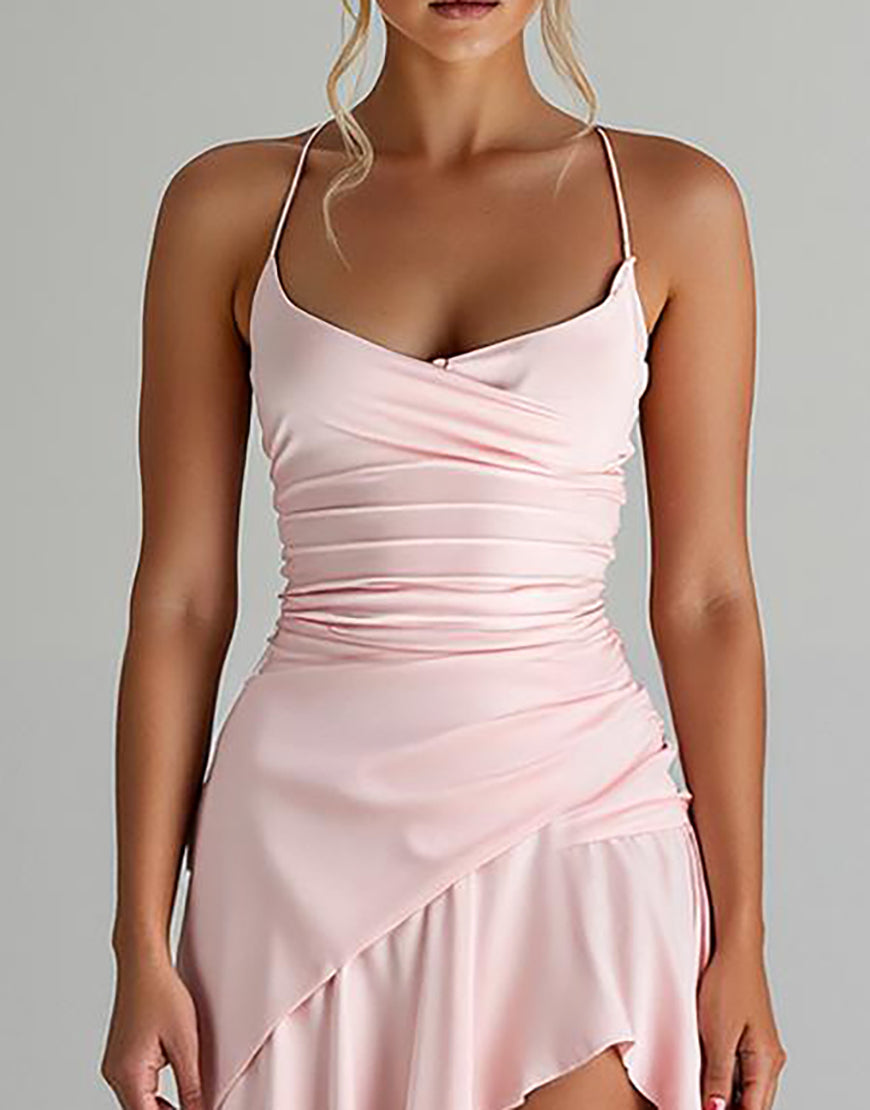 Robe de soirée en mousseline de soie rose clair à volants High-Low