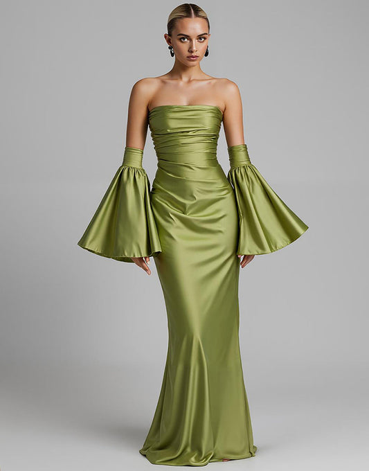 Robe de soirée sirène sans bretelles froncée à manches bouffantes turquoise