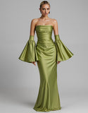 Robe de soirée sirène sans bretelles froncée à manches bouffantes turquoise