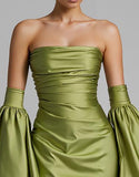 Robe de soirée sirène sans bretelles froncée à manches bouffantes turquoise