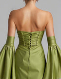 Robe de soirée sirène sans bretelles froncée à manches bouffantes turquoise