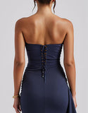 Robe de soirée simple sans bretelles bleu foncé avec fente