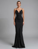 Spaghetti Straps Noir Strecth Satin Sirène Robe de soirée froncée