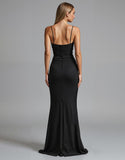 Spaghetti Straps Noir Strecth Satin Sirène Robe de soirée froncée