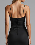 Spaghetti Straps Noir Strecth Satin Sirène Robe de soirée froncée