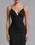 Spaghetti Straps Noir Strecth Satin Sirène Robe de soirée froncée