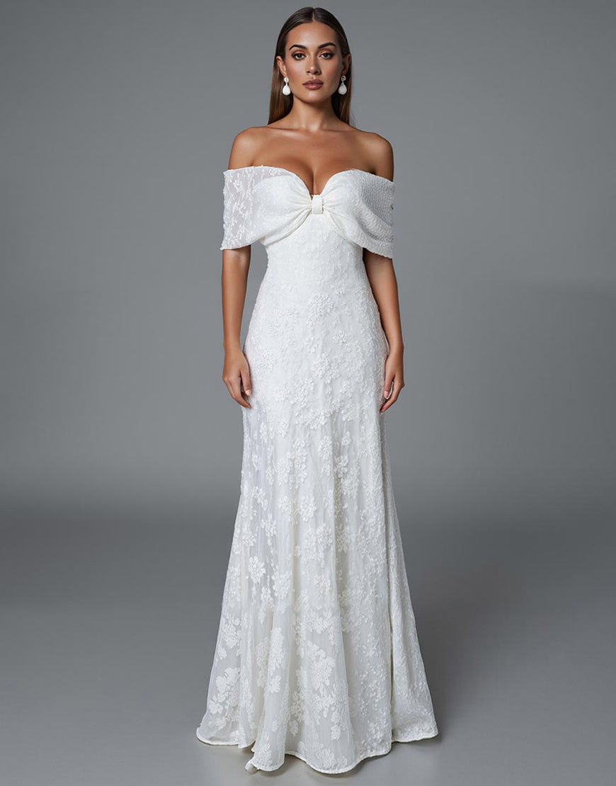 Robe de soirée sirène ivoire à épaules dénudées avec dentelle