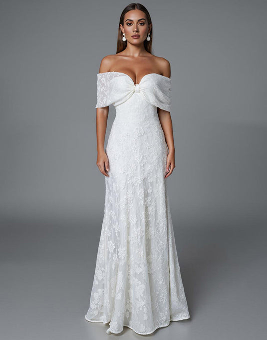 Robe de soirée sirène ivoire à épaules dénudées avec dentelle