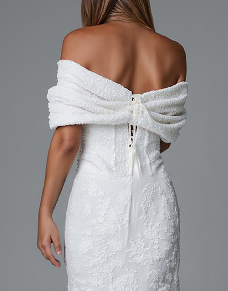 Robe de soirée sirène ivoire à épaules dénudées avec dentelle