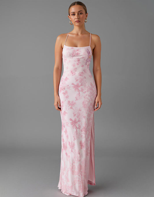 Robe de soirée imprimée fourreau rose clair avec fente
