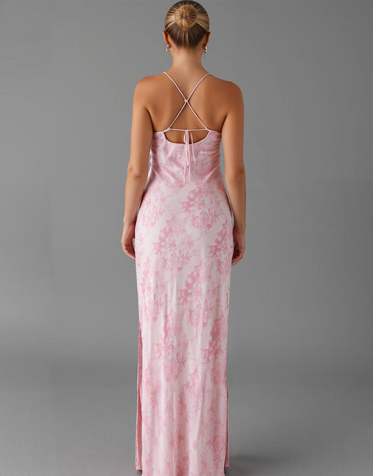 Robe de soirée imprimée fourreau rose clair avec fente