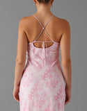 Robe de soirée imprimée fourreau rose clair avec fente