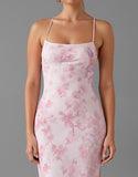 Robe de soirée imprimée fourreau rose clair avec fente
