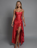 Robe de soirée en satin rouge haut bas