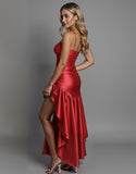 Robe de soirée en satin rouge haut bas