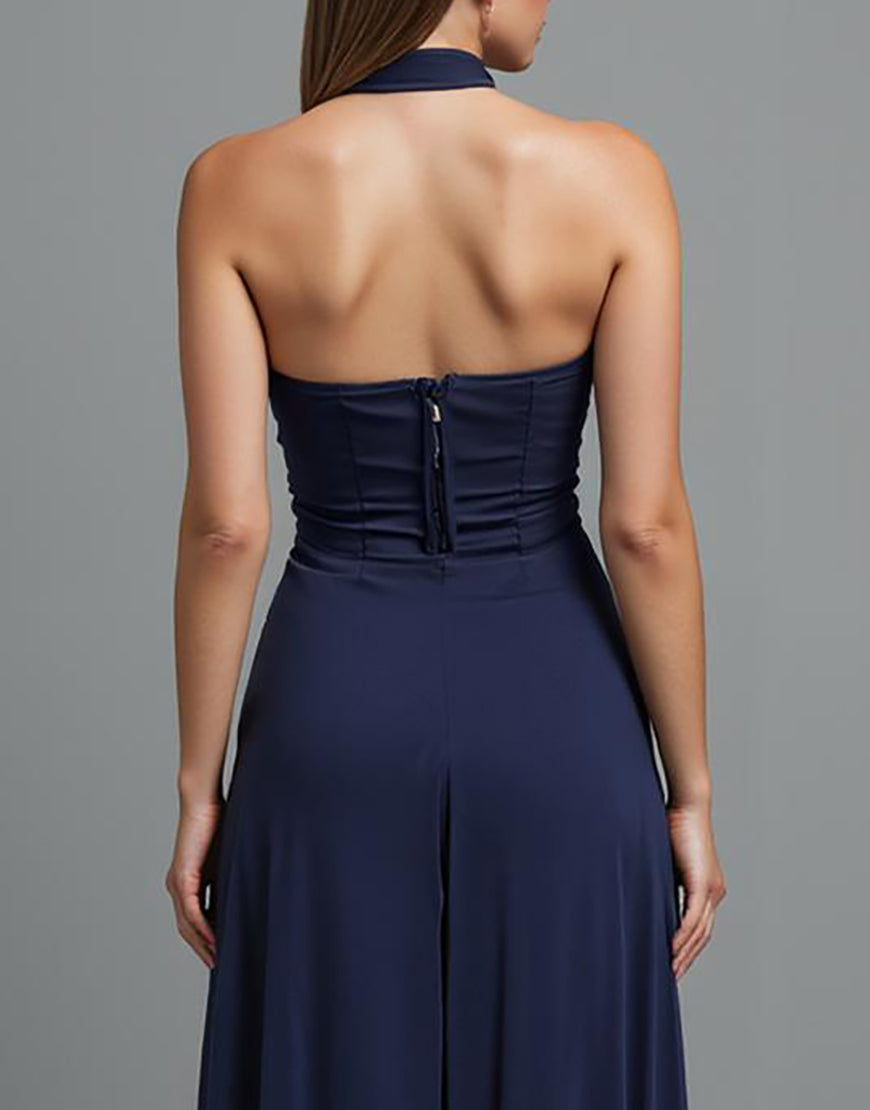 Robe de soirée bustier gaine bleu foncé avec fente
