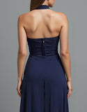 Robe de soirée bustier gaine bleu foncé avec fente