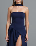Robe de soirée bustier gaine bleu foncé avec fente