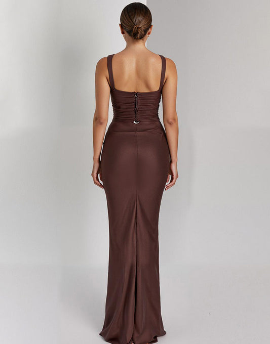 Robe de soirée longue en satin sirène café