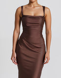 Robe de soirée longue en satin sirène café