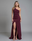 Robe de soirée fourreau bordeaux à une épaule avec fente