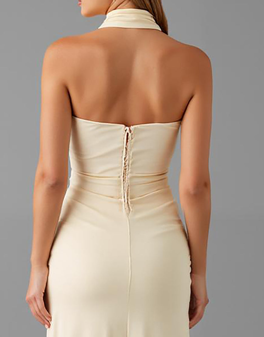 Robe de soirée dos nu fourreau ivoire