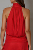 Robe de cocktail plissée rouge trapèze à col montant