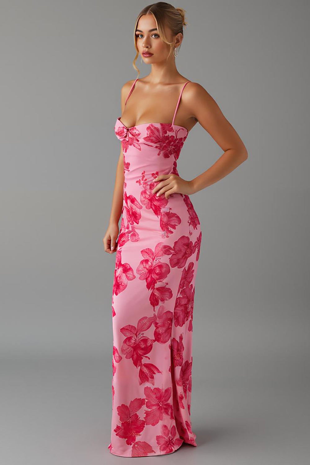 Robe de soirée rose imprimée sirène avec fente