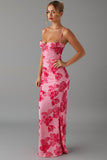Robe de soirée rose imprimée sirène avec fente