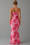 Robe de soirée rose imprimée sirène avec fente