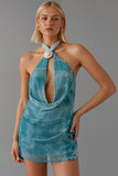 Robe de soirée courte dos nu gaine vert paon