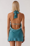 Robe de soirée courte dos nu gaine vert paon