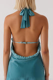Robe de soirée courte dos nu gaine vert paon