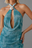 Robe de soirée courte dos nu gaine vert paon