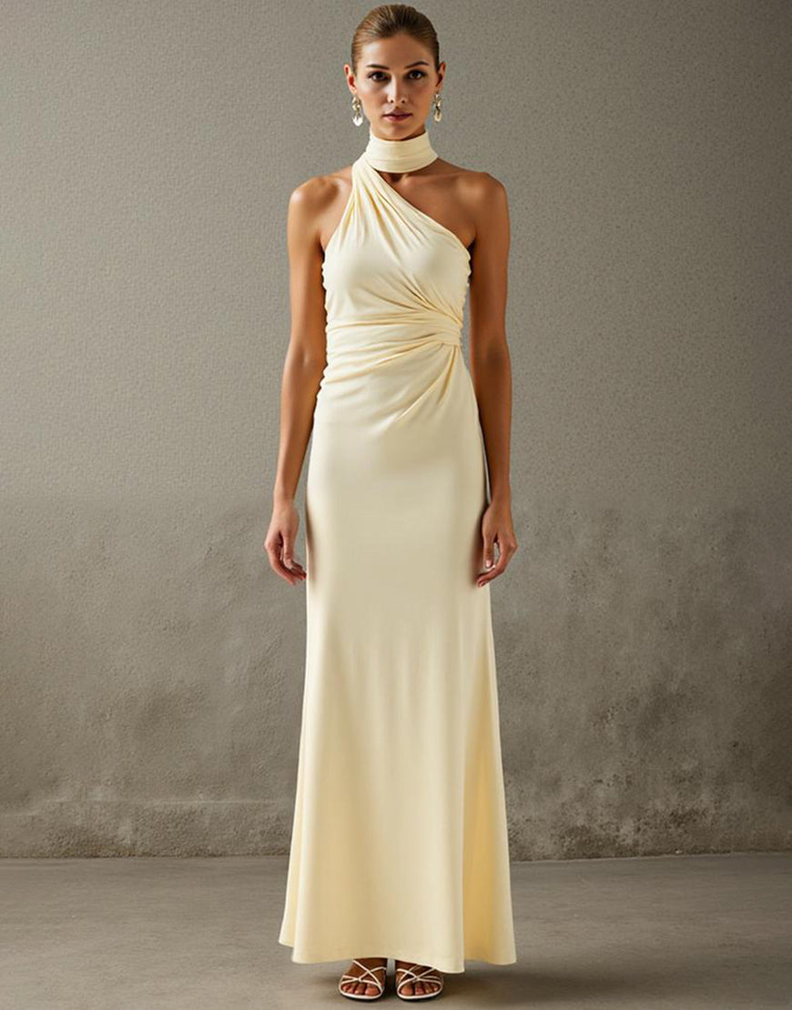 Élégante robe de soirée dos nu gaine jaune clair
