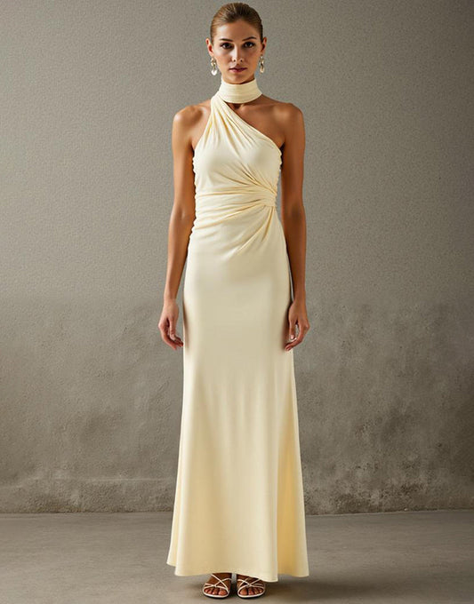 Élégante robe de soirée dos nu gaine jaune clair