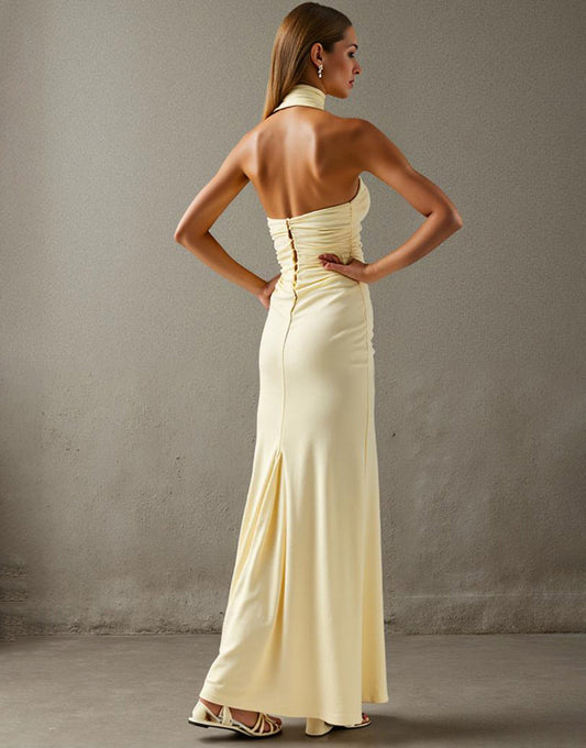 Élégante robe de soirée dos nu gaine jaune clair
