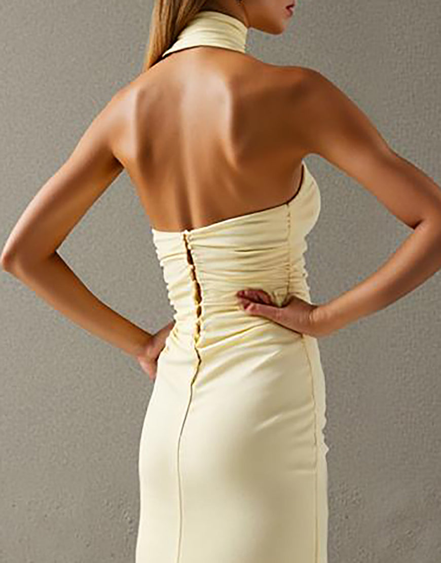 Élégante robe de soirée dos nu gaine jaune clair