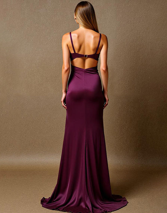 Élégante robe de soirée sirène prune maxi