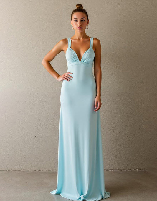 Robe de soirée longue simple bleu ciel fourreau