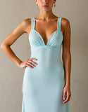 Robe de soirée longue simple bleu ciel fourreau