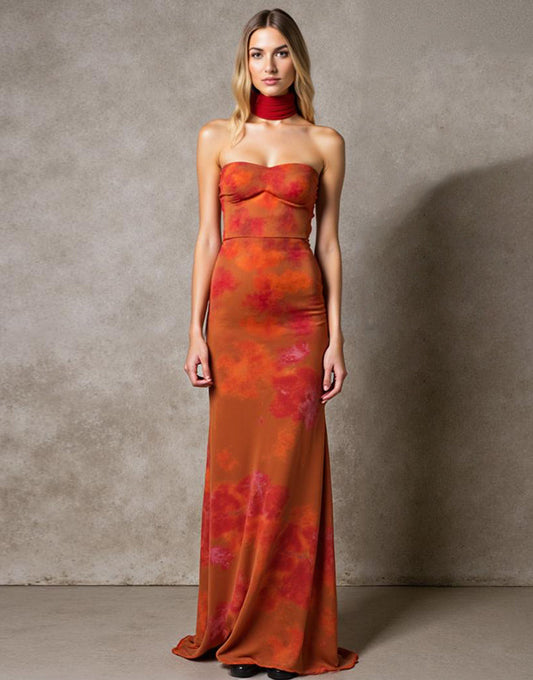 Robe de soirée maxi bustier imprimée gaine Cabernet avec ceinture