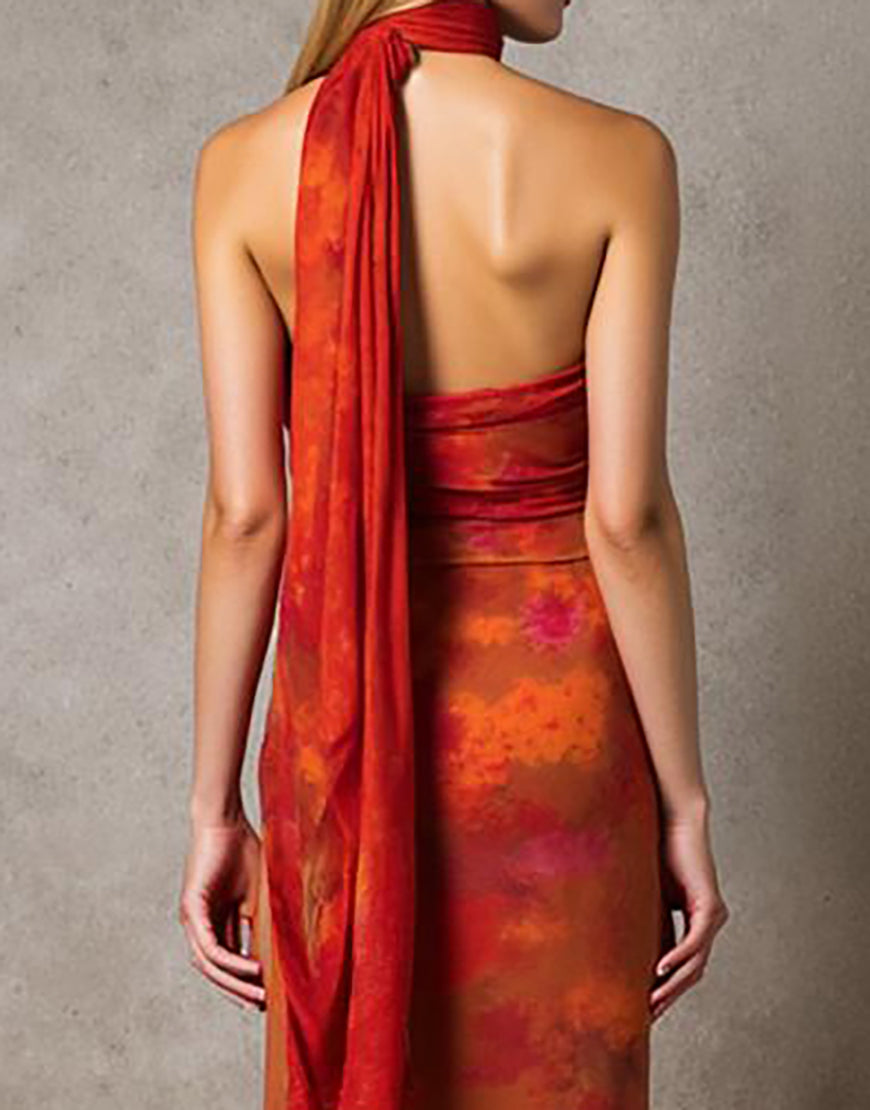 Robe de soirée maxi bustier imprimée gaine Cabernet avec ceinture