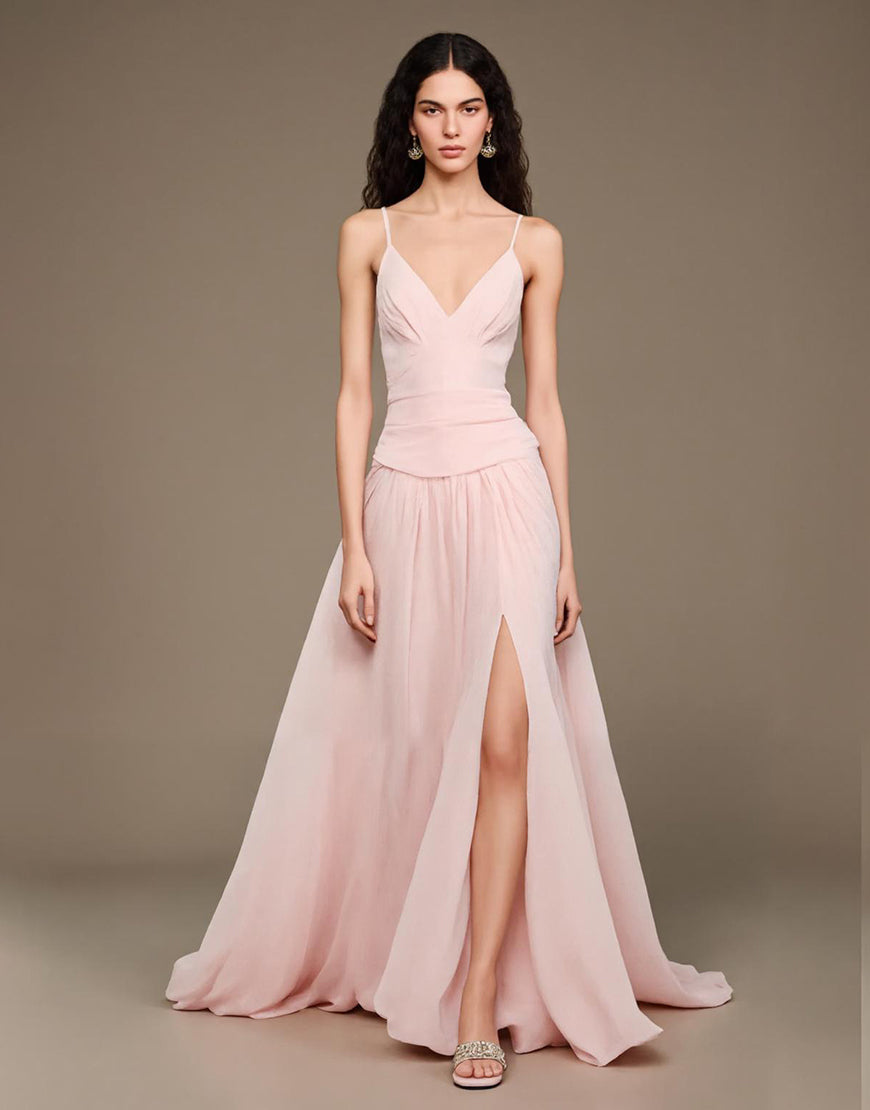 Robe de bal longue rose clair à col en V avec fente