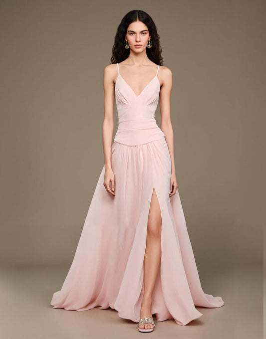Robe de bal longue rose clair à col en V avec fente