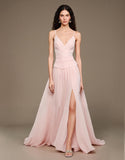 Robe de bal longue rose clair à col en V avec fente