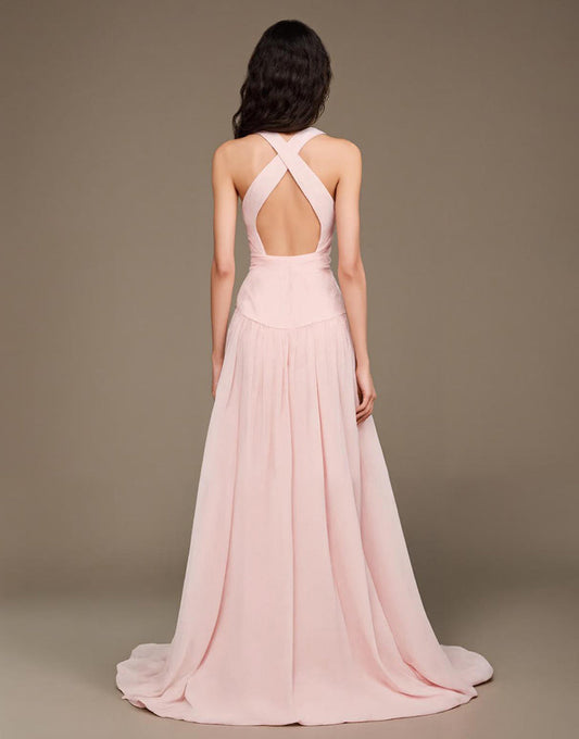 Robe de bal longue rose clair à col en V avec fente